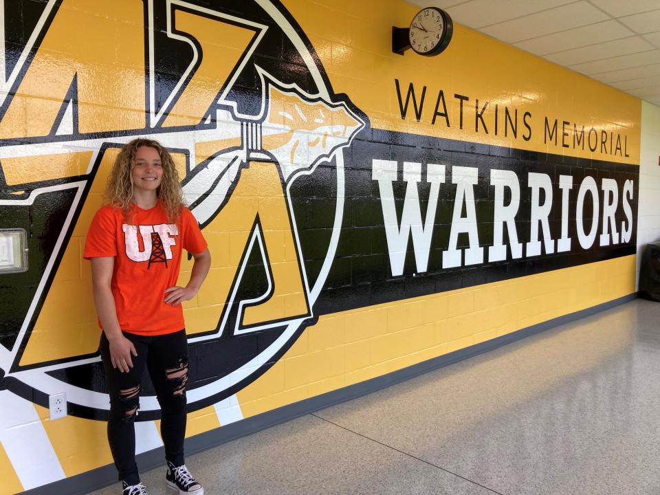 Victoria Harvey, a graduating senior, holds Watkins Memorial's middle and high school records for pole vault.