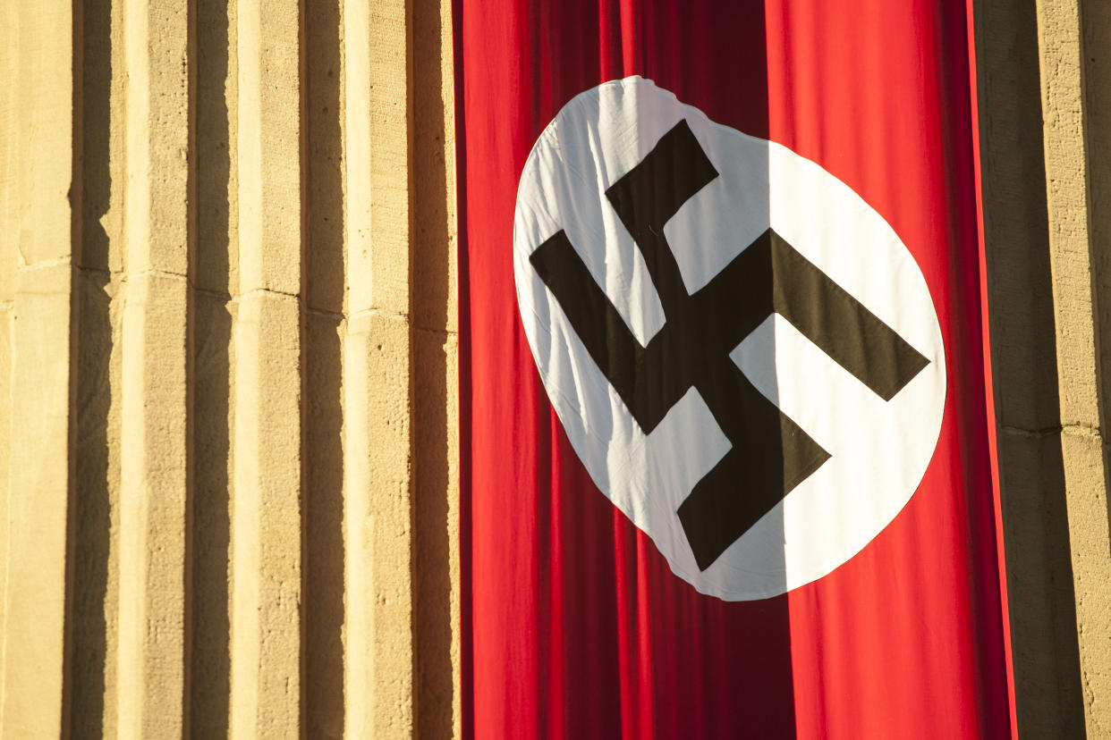 Nazi flag seen on the movie plan in Warsaw on December 1, 2018 (Photo by Maciej Luczniewski/NurPhoto via Getty Images)