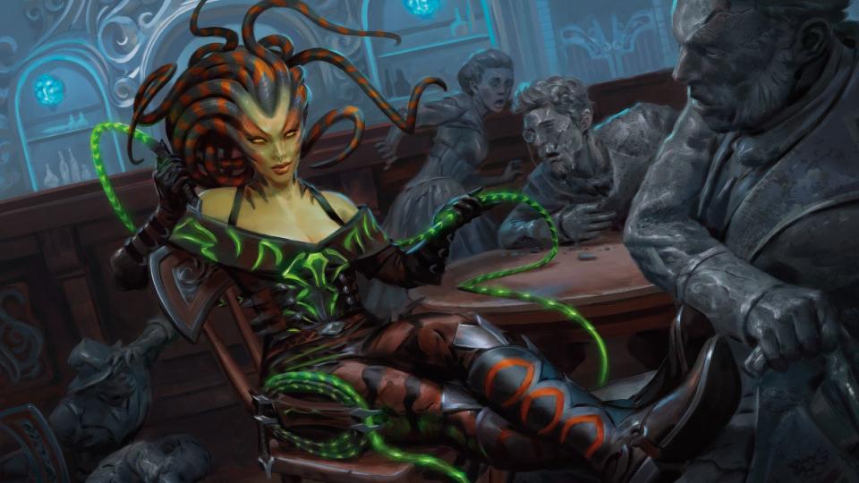 A medusa turns a saloon full of people to stone