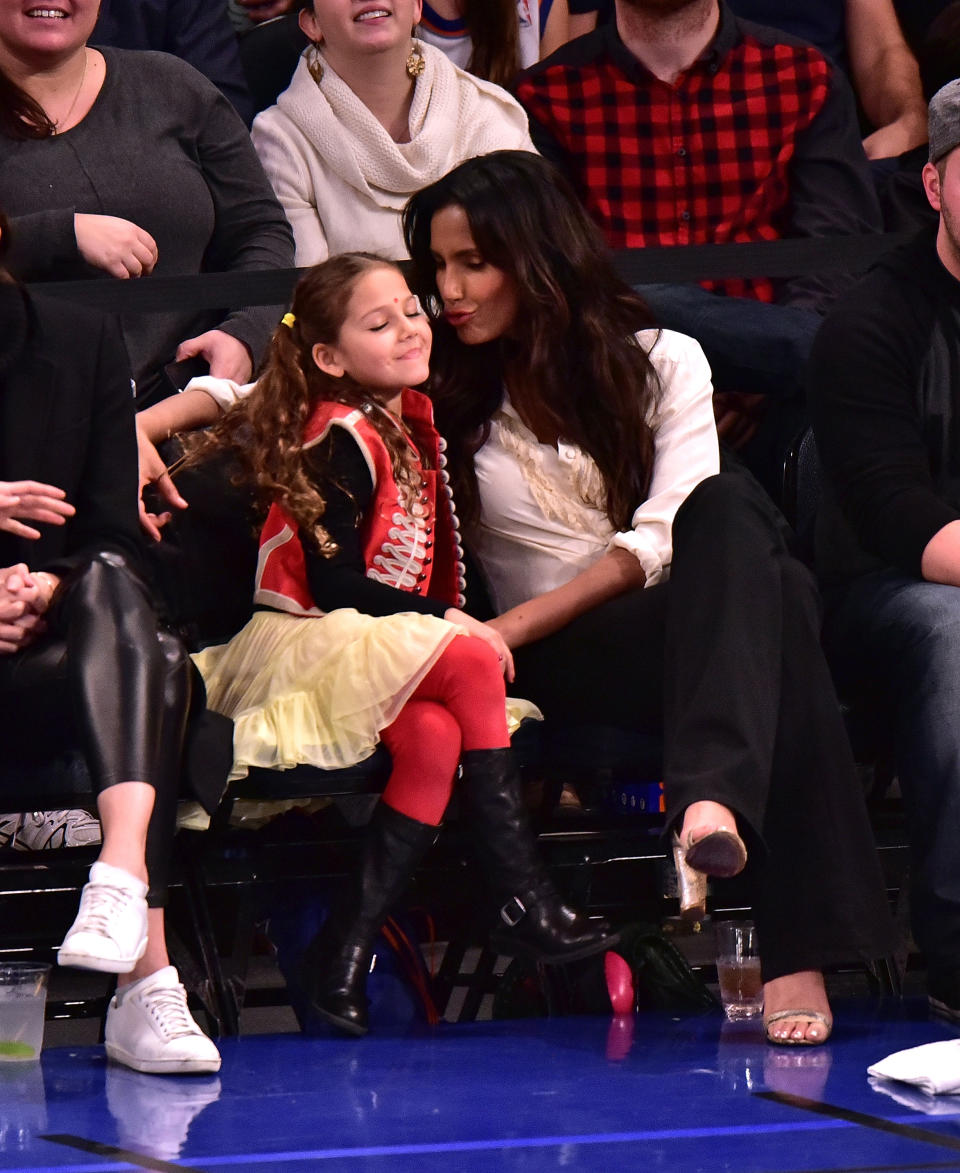 NEW YORK, NY - DECEMBER 02:  Krishna Thea Lakshmi-Dell and Padma Lakshmi attend Philadelphia 76ers vs New York Knicks game at Madison Square Garden on December 2, 2015 in New York City.  (Photo by James Devaney/GC Images)