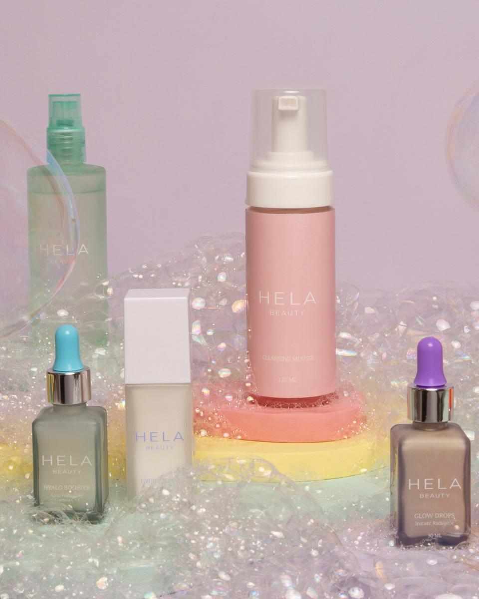 Five of the six products in the Hela Beauty range (from left: FaceMist, Hyalo Booster, Hydra Serum, Cleansing Mousse, and Glow Drops; Skin Oil not shown)