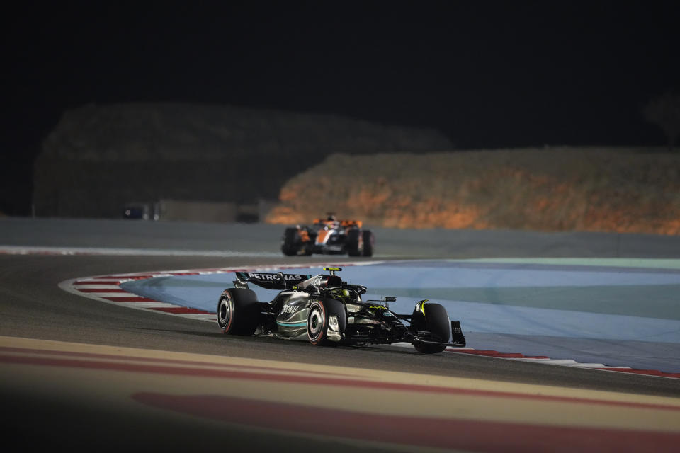 Mercedes driver Lewis Hamilton of Britain in action during practice for the Bahrain Grand Prix in Sakhir, Friday, March 3, 2023. (AP Photo/Frank Augstein)