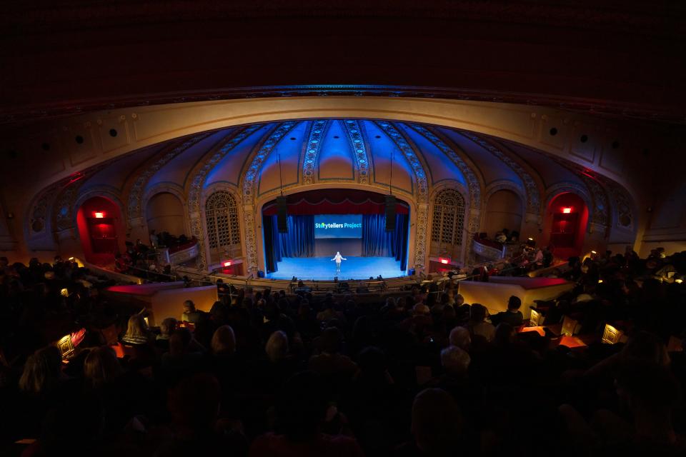 Patsy Shors tells her story during the Des Moines Storytellers Project's "Generosity" show at Hoyt Sherman Place in Des Moines on Tuesday, Dec. 13, 2022.