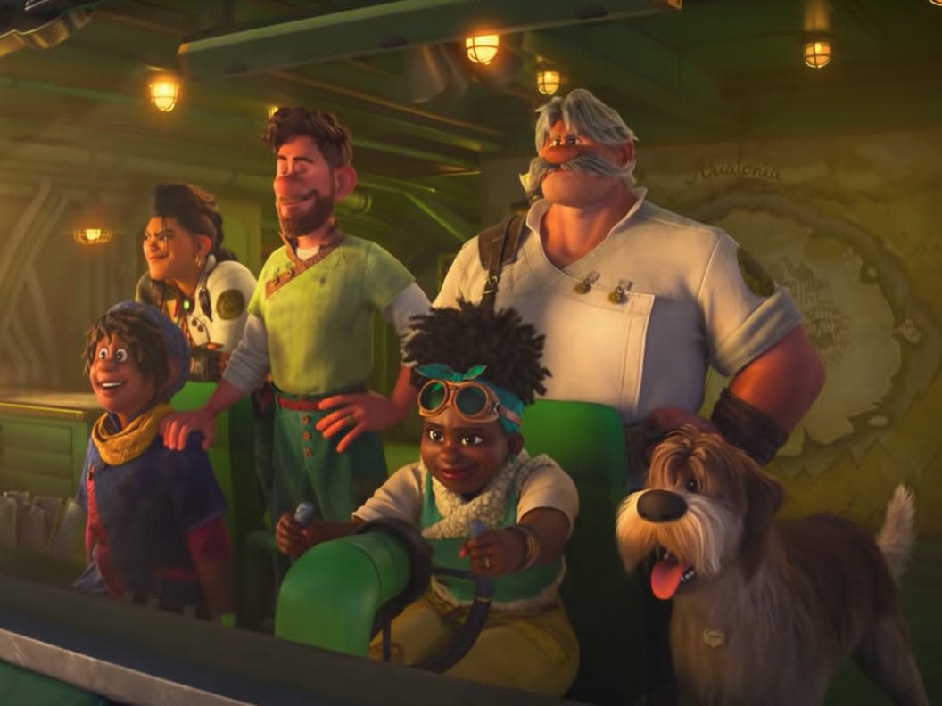five people in the animated film "strange world," standing at the helm of the ship while a woman pilots it at the wheel