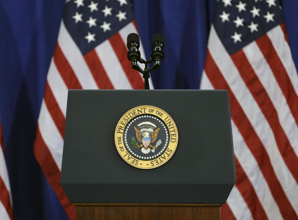 The presidential seal on a podium at MacDill Air Force Base in Tampa, Fla., in December 2016. (Photo: Chris O’Meara/AP)