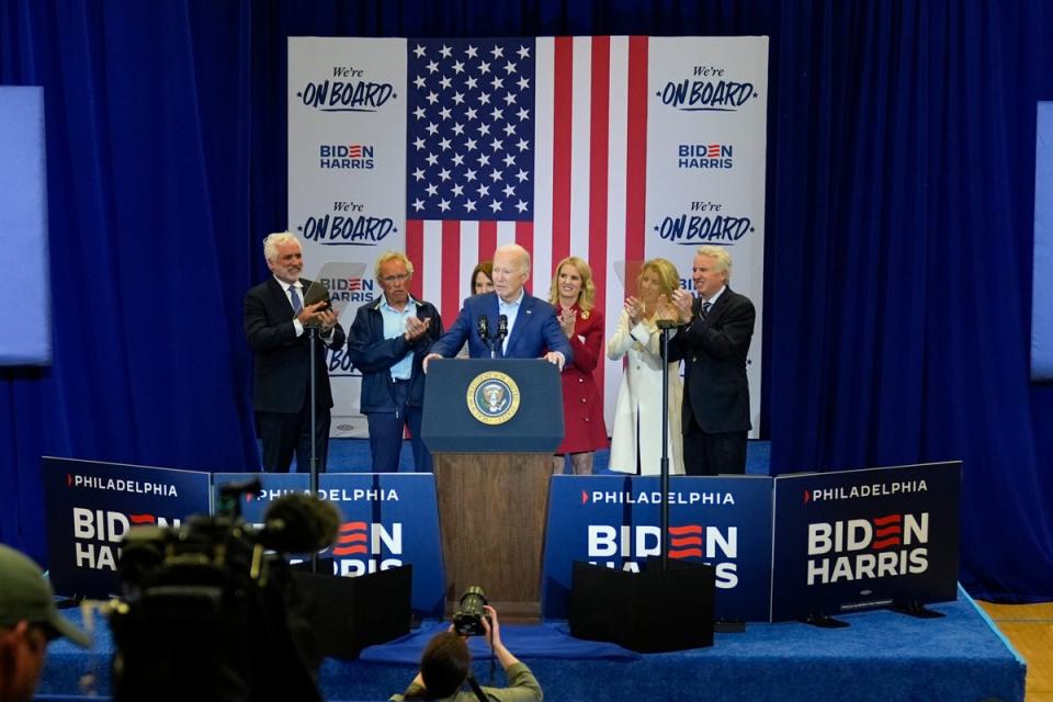 President Joe Biden speaks alongside members of the storied Kennedy family as he accepts their endorsement during a campaign event in Philadelphia on Thursday (AP)