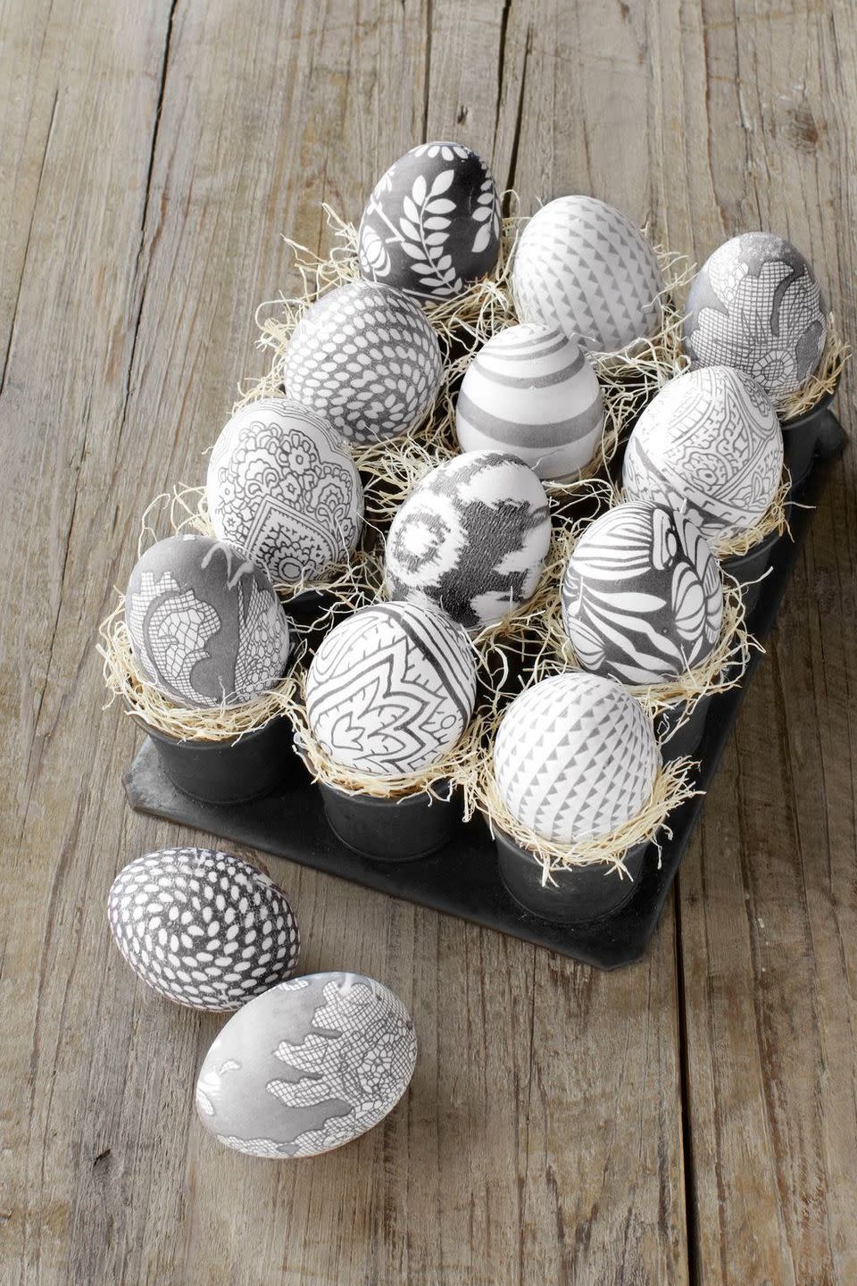 <p>Use silk fabric to give your Easter eggs a chic, patterned look.</p><p><strong><em>Get the tutorial at <a href="https://www.countryliving.com/diy-crafts/how-to/g524/easter-fun-stuff-0406/?slide=14" rel="nofollow noopener" target="_blank" data-ylk="slk:Country Living;elm:context_link;itc:0;sec:content-canvas" class="link ">Country Living</a>.</em></strong></p><p><strong><a class="link " href="https://www.amazon.com/Heinz-Vinegar-Distilled-White-32/dp/B000RAB7F0/ref=pd_all_pref_n_5?pd_rd_w=2tsOf&pf_rd_p=36d0712f-e8f6-49f0-8101-fe2ba60e1597&pf_rd_r=38WYATF37JCT9CJQ03Y8&pd_rd_r=9b7e1301-8e41-4ecf-ae46-87de28b65ba9&pd_rd_wg=SGTq5&pd_rd_i=B000RAB7F0&psc=1&tag=syn-yahoo-20&ascsubtag=%5Bartid%7C10070.g.1751%5Bsrc%7Cyahoo-us" rel="nofollow noopener" target="_blank" data-ylk="slk:SHOP WHITE VINEGAR;elm:context_link;itc:0;sec:content-canvas">SHOP WHITE VINEGAR</a></strong></p>