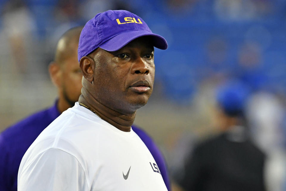 LSU wide receivers coach Mickey Joseph looks on before an NCAA college football game against Kentucky, Saturday, Oct. 9, 2021, in Lexington, Ky. Joseph, who coached wide receivers the last five seasons at LSU, will return to Nebraska as receivers coach, passing game coordinator and associate head coach under Scott Frost. (Hilary Scheinuk/The Advocate via AP)