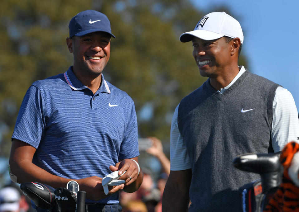Tiger Woods, paired with Tony Finau on Thursday, offered up a reasonable first round at Torrey Pines. (Getty)