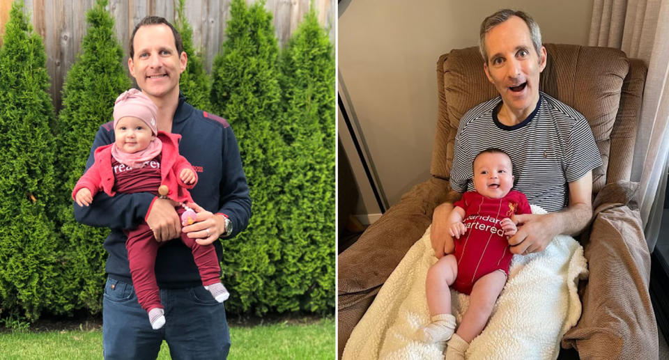 Johnny McGowen pictured with daughter Darcy in 2020 (left) before getting sick and recently in 2022 (right) with daughter Riley