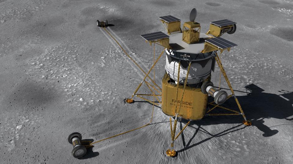 moon mission artists rendering shows lander made of metal and gold foil on the grey lunar surface with two spools of gold tether rolling away from it and one more spool lowering from one of its solar panels