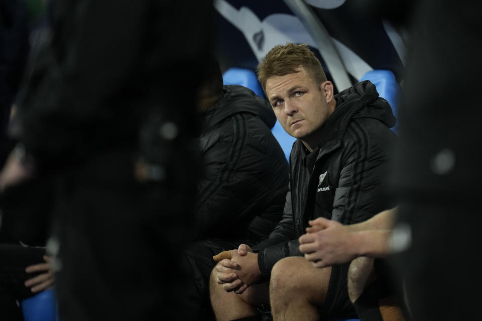 New Zealand's Sam Cane looks round after the end of the Rugby World Cup final match between New Zealand and South Africa at the Stade de France in Saint-Denis, near Paris Saturday, Oct. 28, 2023. South Africa won the game 12-11. (AP Photo/Christophe Ena)