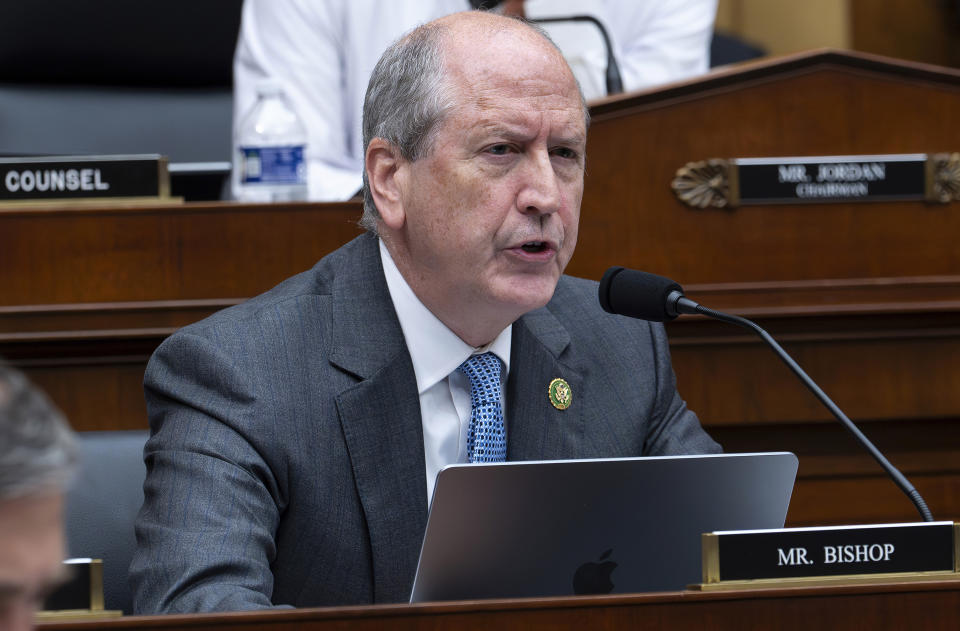 FILE - Rep. Dan Bishop, R-N.C., speaks during a House Judiciary Committee hearing, Sept. 20, 2023, on Capitol Hill in Washington. Bishop is unopposed in the March 5 Republican primary for North Carolina attorney general. (AP Photo/J. Scott Applewhite, file)