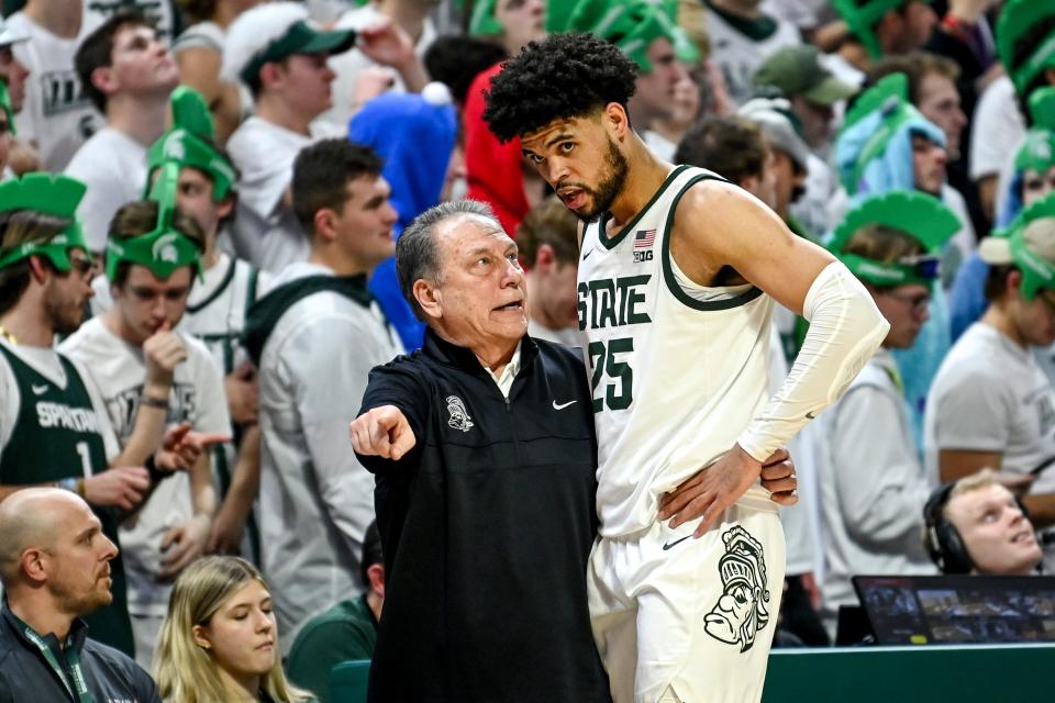 Michigan State's head coach Tom Izzo, left, talks with Malik Hall during the second half in the game against Michigan on Tuesday, Jan. 30, 2024, at the Breslin Center in East Lansing.