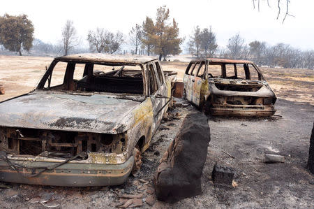 Burned vehicles lie in a field after the Whittier fire advanced along Highway 154 at Rancho Alegre, California, July 10, 2017. Mike Eliason/Santa Barbara County Fire/Handout via REUTERS