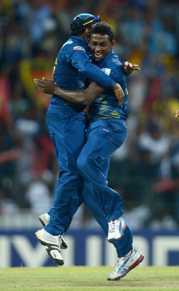 COLOMBO, SRI LANKA - OCTOBER 07: Ajantha Mendis of Sri Lanka celebrates with captain Mahela Jayawardene after dismissing Chris Gayle of the West Indies during the ICC World Twenty20 2012 Final between Sri Lanka and the West Indies at R. Premadasa Stadium on October 7, 2012 in Colombo, Sri Lanka. (Photo by Gareth Copley/Getty Images)