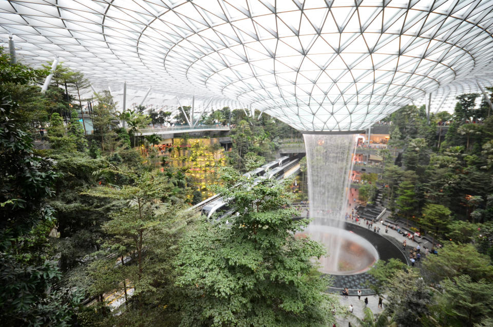 SINGAPORE, 11 Apr, 2019: The Rain Vortex, a 40m-tall indoor waterfall located inside the Jewal Changi Airport in Singapore. Jewel Changi Airport is set to open on April 17, 2019.