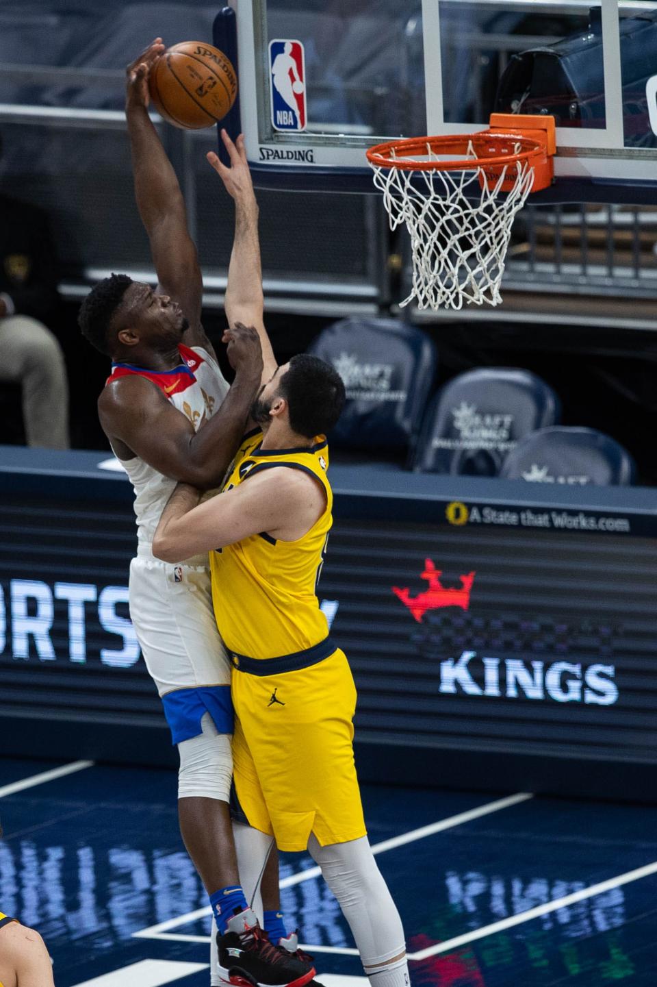Feb 5, 2021; Indianapolis, Indiana, USA; New Orleans Pelicans forward Zion Williamson (1) shoots the ball over Indiana Pacers center Goga Bitadze (88) in the second quarter at Bankers Life Fieldhouse. Mandatory Credit: Trevor Ruszkowski-USA TODAY Sports