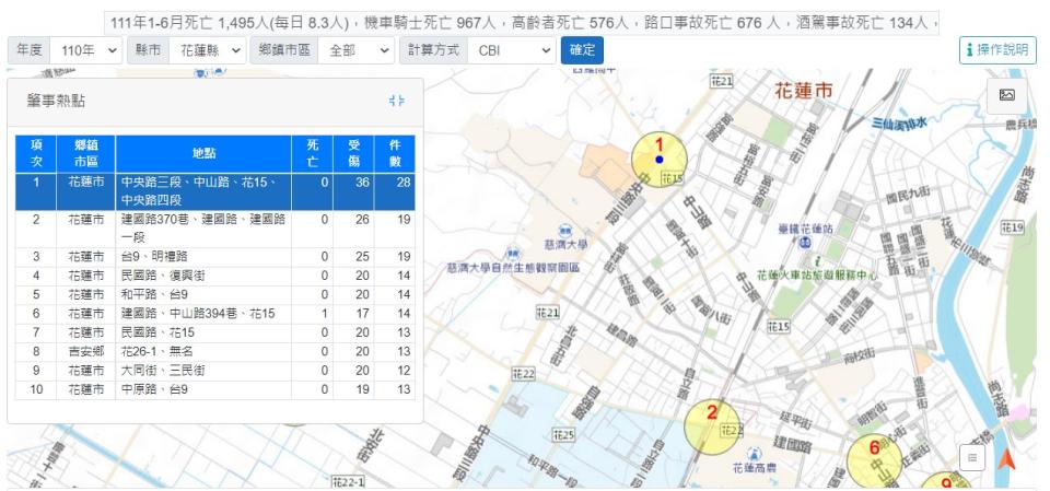 圖／2021年花蓮縣肇事熱點。