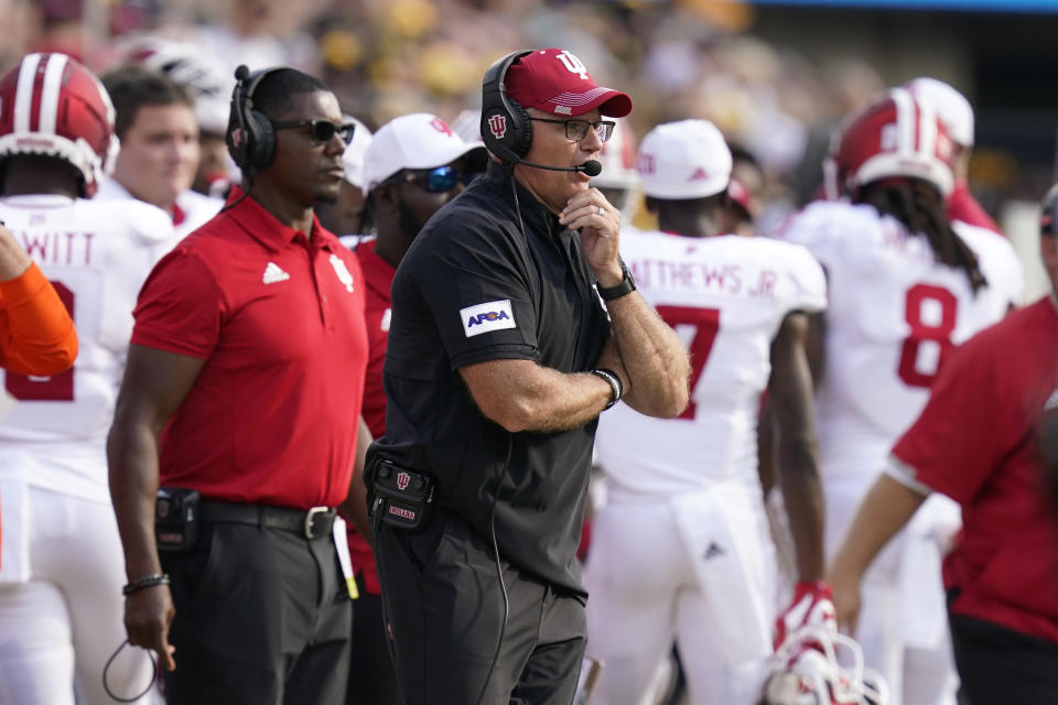 Indiana head coach Tom Allen watches from the sideline during the second half of an NCAA college football game against Iowa, Saturday, Sept. 4, 2021, in Iowa City, Iowa. Iowa won 34-6. (AP Photo/Charlie Neibergall)