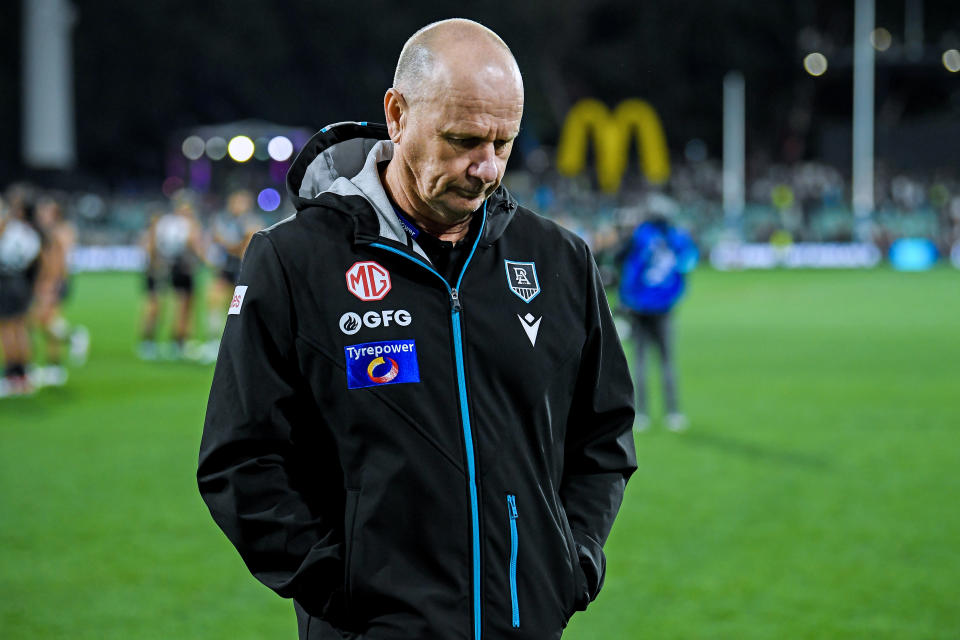 ADELAIDE, AUSTRALIA - APRIL 05:  Ken Hinkley, Senior Coach of the Power  leave the ground after winning   the round four AFL match between Port Adelaide Power and Essendon Bombers at Adelaide Oval, on April 05, 2024, in Adelaide, Australia. (Photo by Mark Brake/Getty Images)