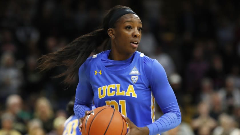 UCLA forward Michaela Onyenwere (21) in the first half of an NCAA college basketball.