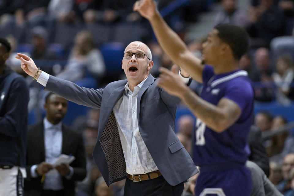 UConn head coach Dan Hurley calls out to his team in the first half of an NCAA college basketball game against Stonehill, Saturday, Nov. 11, 2023, in Hartford, Conn. (AP Photo/Jessica Hill)