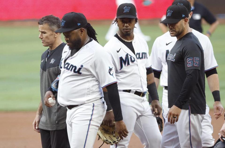 Miami Marlins starting pitcher Johnny Cueto (47) is removed from the game against the Minnesota Twins during the second inning at loanDepot Park on Monday, April 3, 2023.