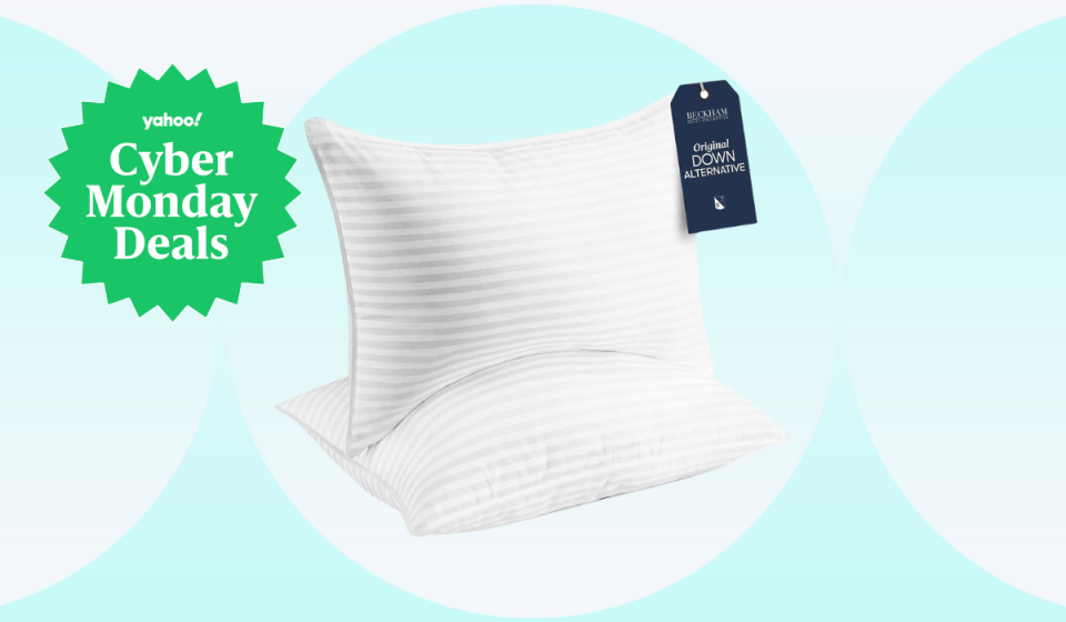 two beckham hotel collection pillows with a badge that says Yahoo! Cyber Monday Deals