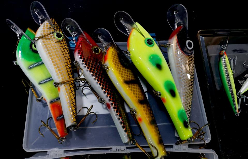 Big and colorful $80 muskie lures for sale by Captain Steve Jones Charters out of Harrison Township are some of the many things for sale at the Ultimate Fishing Show at the Suburban Collection Showplace in Novi on Thursday, Jan. 12, 2023.