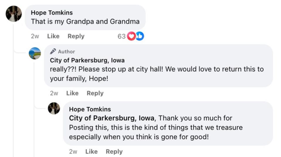 It had been posted by the City of Parkersburg’s Facebook page on Jan. 22, where officials were hoping someone would recognize the couple among the artifacts they had from the 2008 tornado that swept through the town. City of Parkersburg, Iowa/Facebook