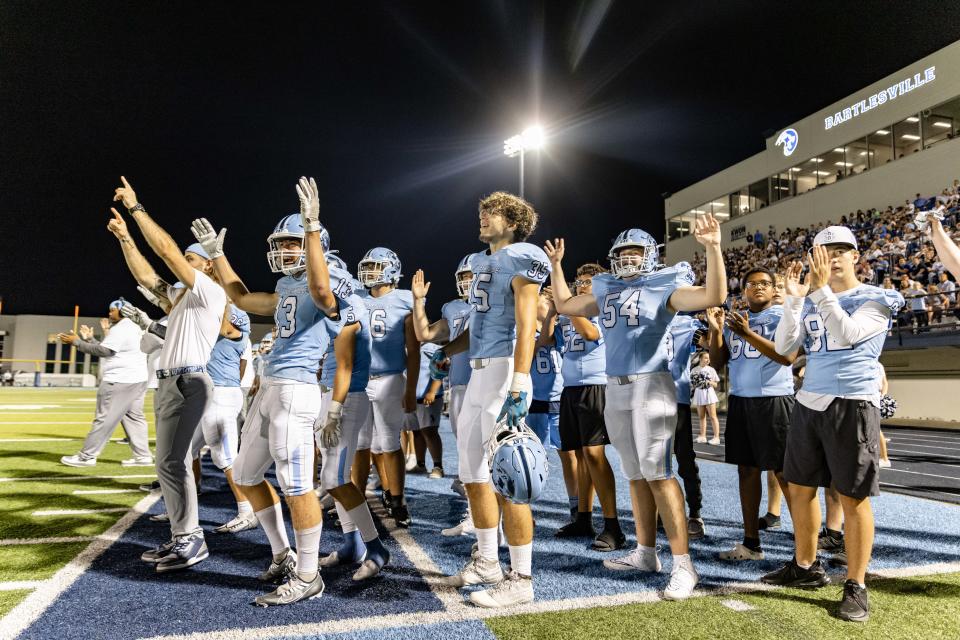 The Bartlesville High footballsideline celebrates a field goal made by Aman Gordon-Bernstein during the Bruins' home opener  Sept. 16 against Collinsville. Last Friday, Tulsa Washington scored 27 points the second half to down Bartlesville, 41-7.