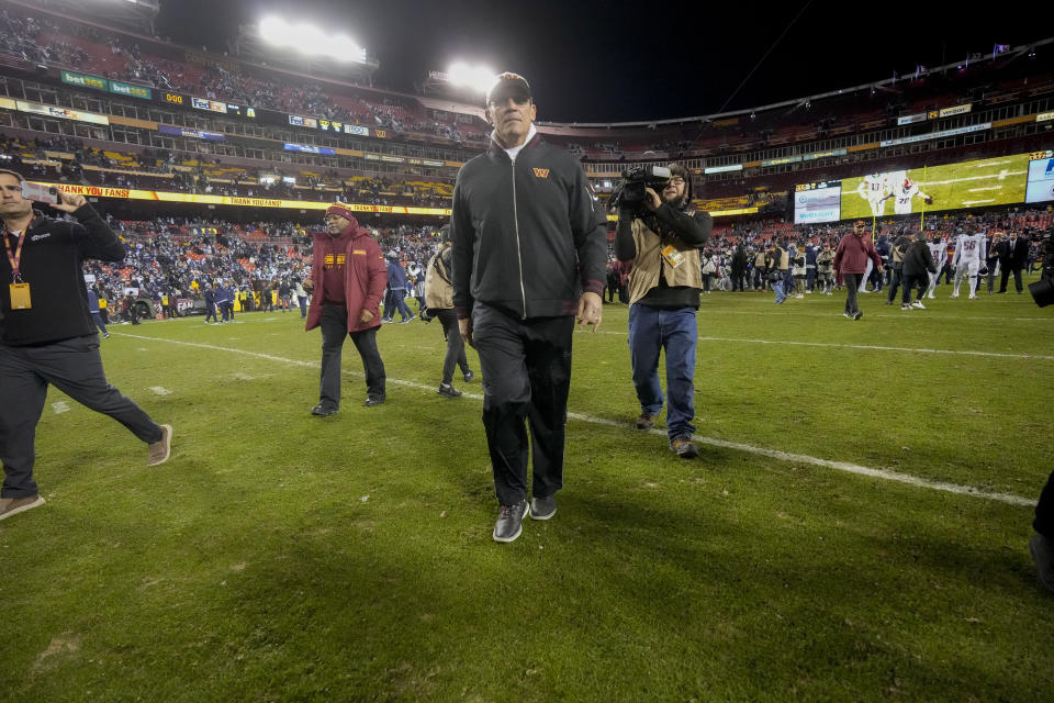Washington Commanders head coach Ron Rivera walking off the field at an NFL football game against the Dallas Cowboys, Sunday, Jan. 7, 2024, in Landover, Md. Dallas won 38-10. (AP Photo/Mark Schiefelbein)