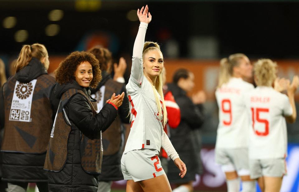 Soccer Football - FIFA Women’s World Cup Australia and New Zealand 2023 - Group A - Philippines v Switzerland - Forsyth Barr Stadium, Dunedin, New Zealand - July 21, 2023 Switzerland's Alisha Lehmann acknowledges fans after the match REUTERS/Molly Darlington