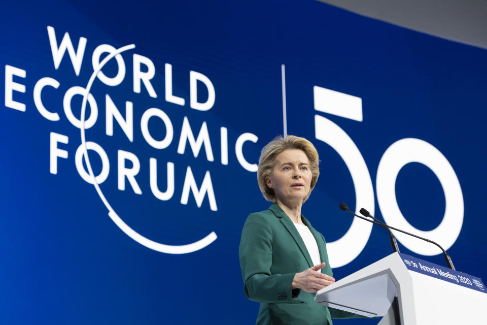 Ursula von der Leyen, President of the European Commission, delivers a speech during a plenary session of the 50th annual meeting of the World Economic Forum (WEF) in Davos, Switzerland, Wednesday, Jan. 22, 2020. (Gian Ehrenzeller/Keystone via AP)