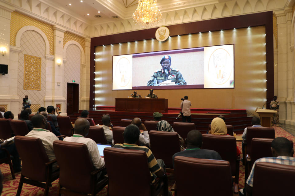 Sudan's ruling Military Council spokesperson Shamseddine Kabbashi makes a speech as he holds a press conference at the Presidential Palace in Khartoum, Sudan, Thursday, June 13, 2019. (AP Photo)