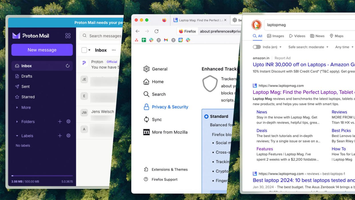  Proton Mail, Firefox, and DuckDuck Go screenshots across 3 split panes. 