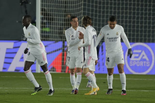 Real Madrid&#x002019;s Lucas Vazquez (second right) celebrates with team-mates after scoring a goal