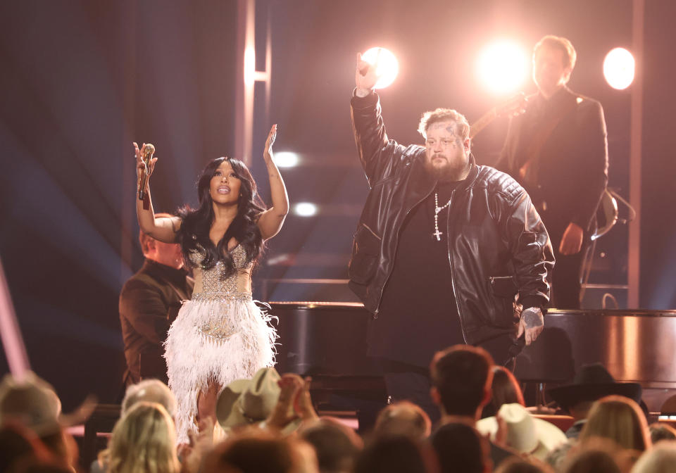 K. Michelle and Jelly Roll performs onstage at The 57th Annual CMA Awards at Bridgestone Arena in Nashville, Tennessee on November 8, 2023. (Photo by Christopher Polk/Variety via Getty Images)