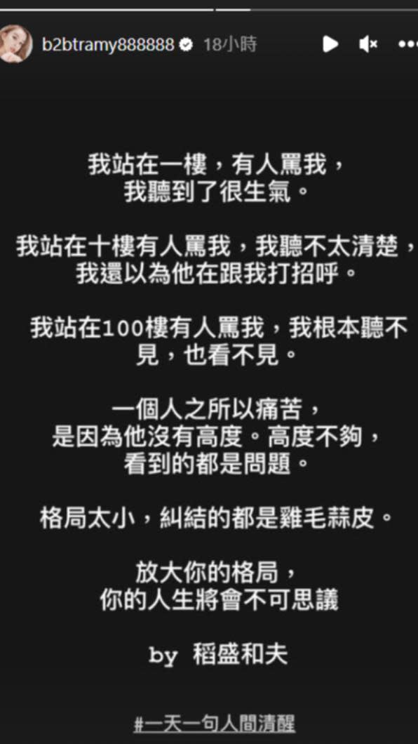 崔咪發限動疑似暗酸罵她的網民「沒高度、沒格局」。（圖／翻攝自崔咪IG）