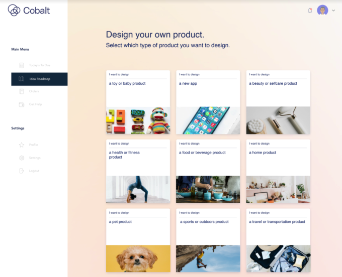 image of product types cobalt users can make, including toys, apps, self care and beauty, health and fitness, food or beverage, home, pet, sports, or travel products