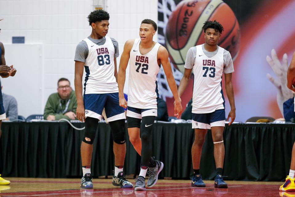 USA Men's Junior National Team participant RJ Hampton, center, Justin Lewis, left, and Jaden Hardy participate in minicamp at the U.S. Olympic Training Center in Colorado Springs, Colorado, on Oct. 6, 2018.