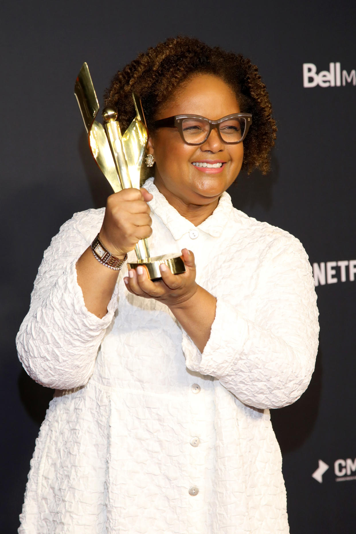 TORONTO, ONTARIO - MAY 31: Tonya Williams poses with the Changemaker Award, presented by Insight Productions during the 2024 Canadian Screen Awards at CBC Broadcast Centre on May 31, 2024 in Toronto, Ontario.  (Photo by Jeremy Chan/Getty Images)