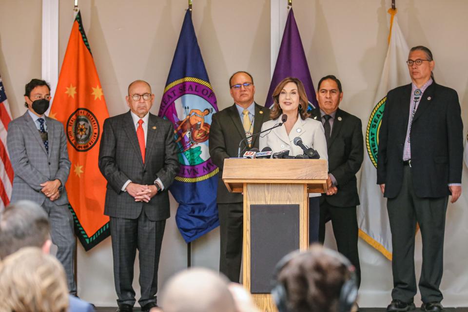 Joy Hofmeister speaks at an Oct. 11 news conference where she earned the endorsement of the leaders from the Cherokee, Chickasaw, Choctaw, Muscogee and Seminole nations.