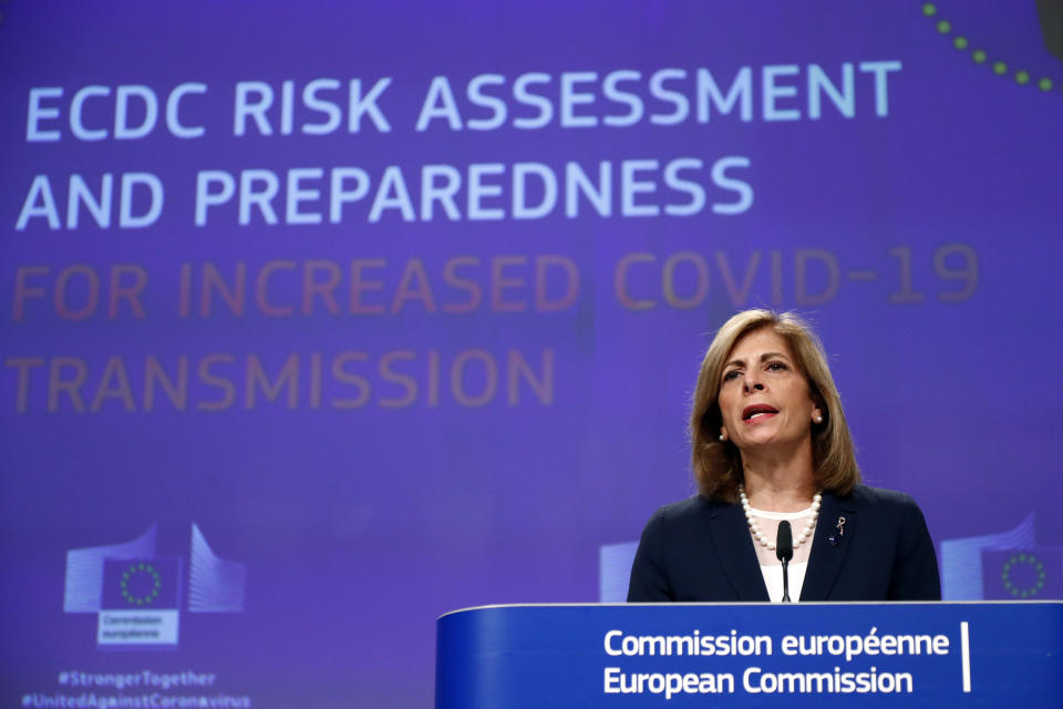 European Commissioner for Health, Stella Kyriakides, speaks regarding the updated coronavirus (COVID-19) risk assessment during a media conference at EU headquarters in Brussels, Thursday, Sept. 24, 2020. (Francois Lenoir, Pool via AP)