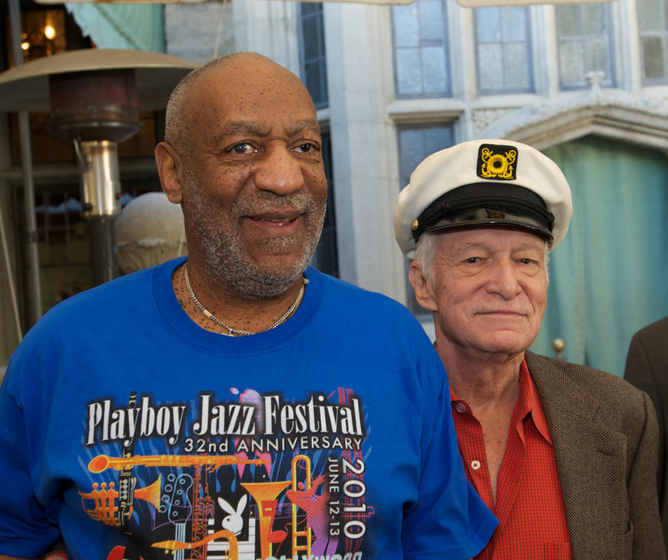 BEVERLY HILLS, CA - FEBRUARY 10:  Bill Cosby and Hugh Hefner at The Playboy Mansion on February 10, 2011 in Beverly Hills, California.  (Photo by Earl Gibson III/WireImage)