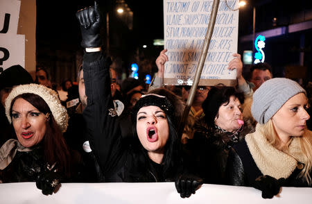 A woman shouts during an anti-government protest in Belgrade, Serbia, January 19, 2019. REUTERS/Goran Tomasevic