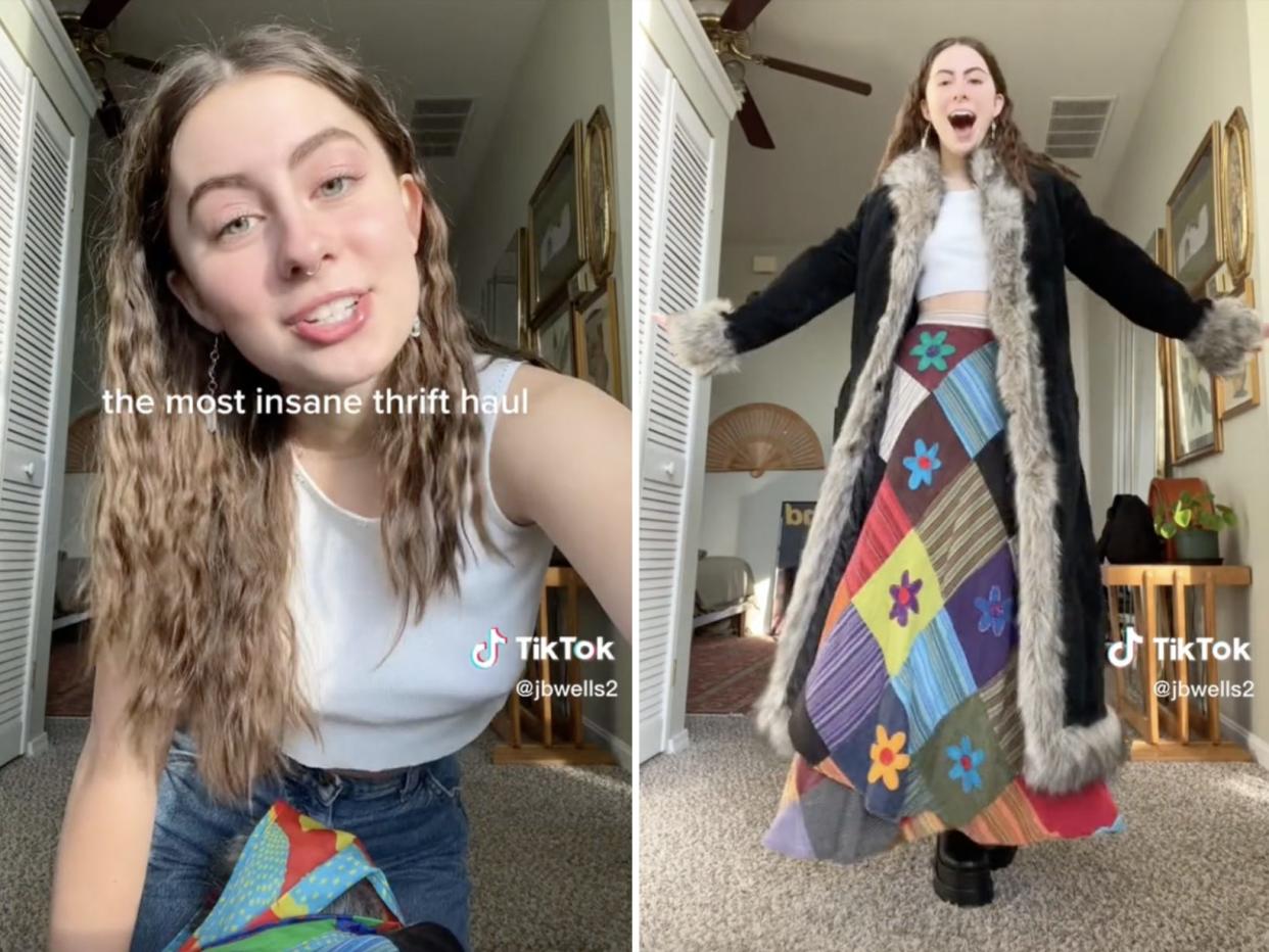 Screenshots from Jacklyn Wells' TikTok haul, wearing a Penny Lane coat and patchwork skirt.