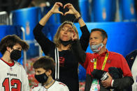 Gisele Bundchen, wife of Tom Brady #12 of the Tampa Bay Buccaneers, celebrates after the Buccaneers defeated the Kansas City Chiefs in Super Bowl LV at Raymond James Stadium on February 07, 2021 in Tampa, Florida. (Photo by Mike Ehrmann/Getty Images)