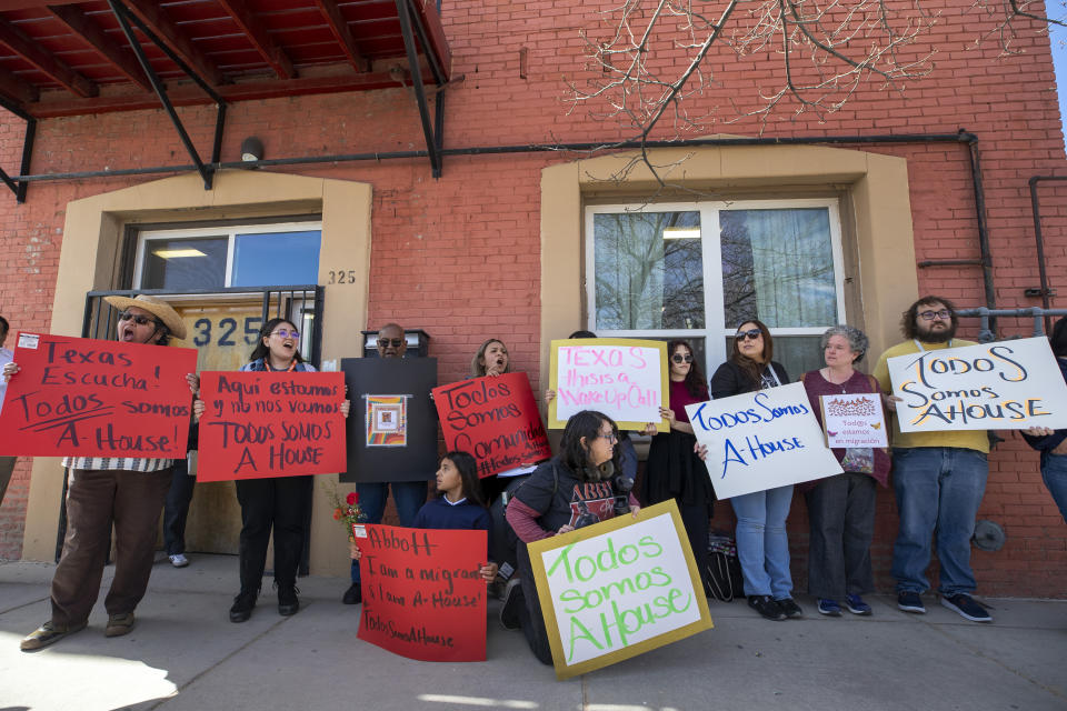 Local residents demonstrate their support for Annunciation House, a network of migrants shelters in El Paso, Texas, Friday, Feb. 23, 2024. Texas Attorney General Ken Paxton filed a lawsuit claiming the Annunciation House "appears to be engaged in the business of human smuggling" and is threatening to terminate the nonprofit's right to operate in Texas. (AP Photo/Andres Leighton)